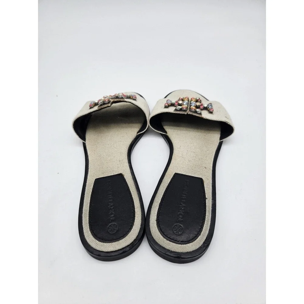 Tory Burch Ines Embellished Linen Slides Slip on Sandals in Natural Size 11